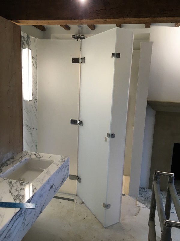 Bespoke frosted glass shower enclosure in Paddington luxury bathroom